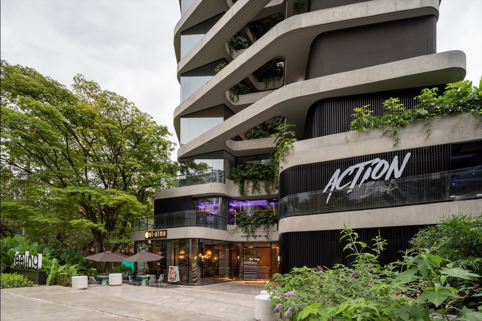 Al Alma café and Action Black gym at the base of FEELING