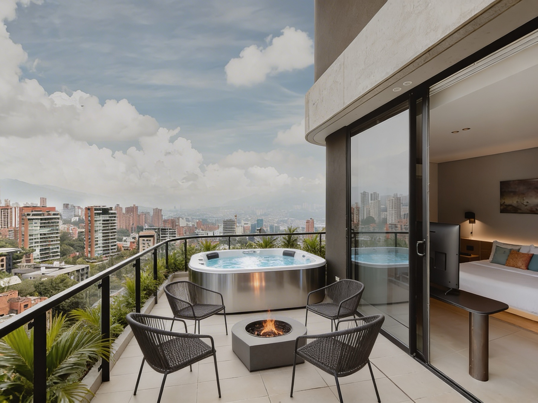 Terrace after renovation, with jacuzzi and firepit